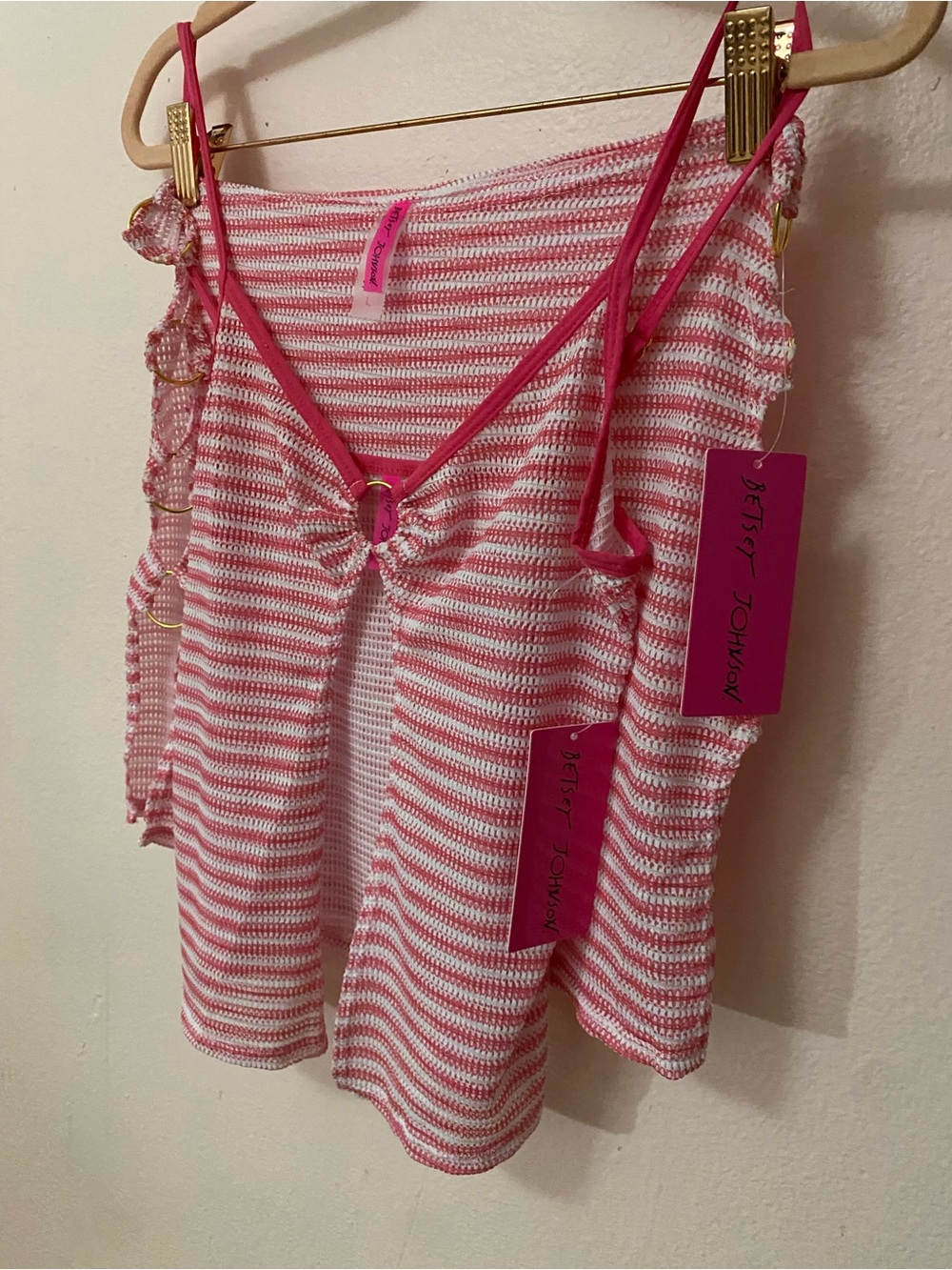 Betsey Johnson Pink & White Striped Knit Cami with Gold Ring Detail